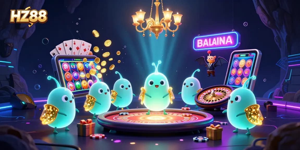 Experience HZ88 casino fun with colorful slots, glowing characters, and vibrant gameplay.