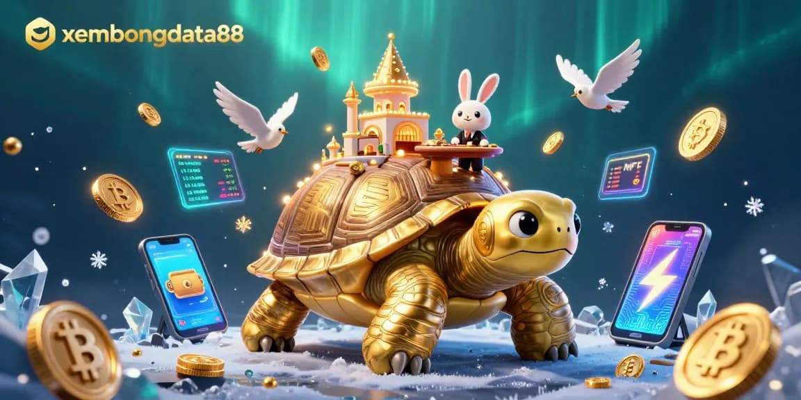 xembongdata88 captures an exciting casino scene with a tortoise casino, rabbit dealer, and flying coins.