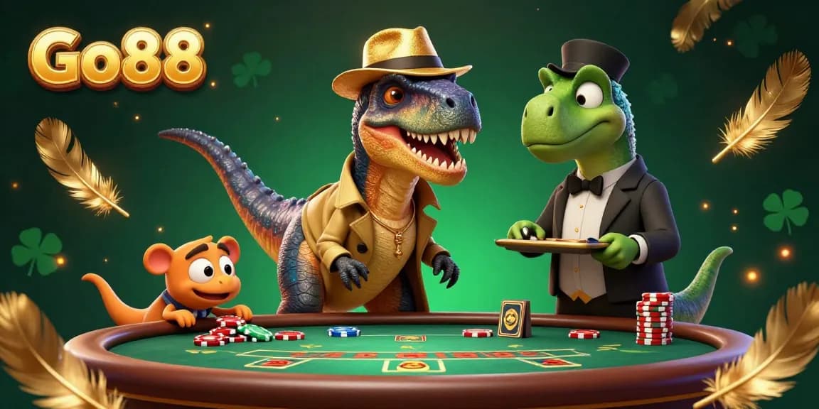 Go88 showcases a 3D cartoon velociraptor counter strategically blending into a blackjack game.