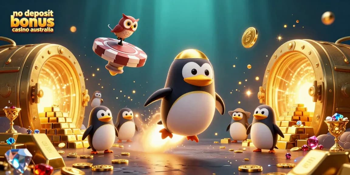 Engage with the no deposit bonus casino australia through a vibrant 3D scene featuring a golden penguin in a dynamic casino journey.