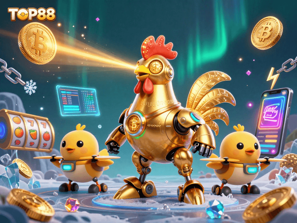 TOP88 features a retro-futuristic golden rooster robot amidst vibrant slots and crypto elements.