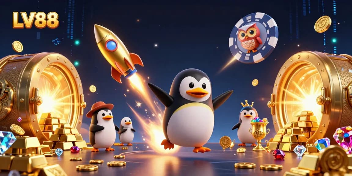 Experience thrilling gameplay at LV88 with a vibrant penguin astronaut and sparkling casino treasures.