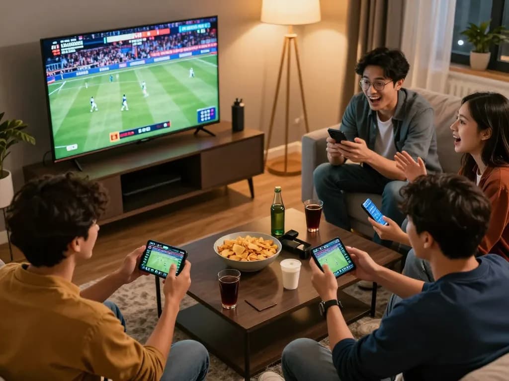king33 players enjoying live sports betting on smartphones in a vibrant setting