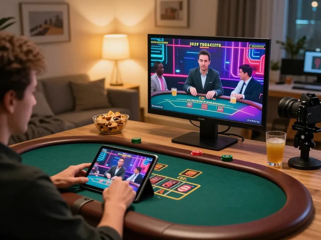 Player engaging in live dealer blackjack game on tablet, showcasing Jun888 online casino experience.