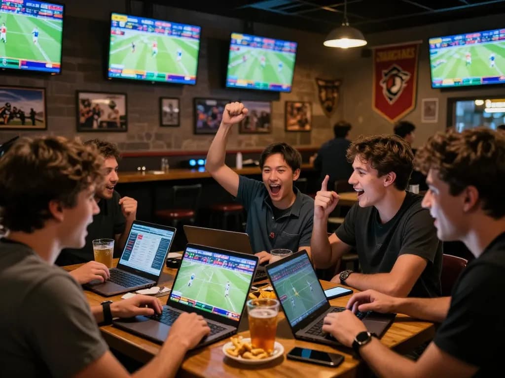 Go8 sports betting excitement with friends discussing strategies at a lively venue.