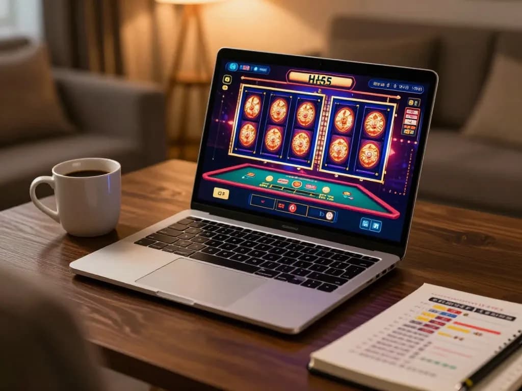 Sessão de jogos online envolvente na HH55, apresentando máquinas caça-níqueis vibrantes e elementos estratégicos.