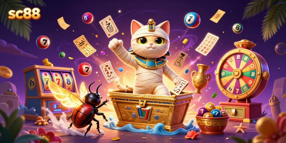 Experience thrilling gameplay with SC88's Egyptian mummy cat and vibrant casino elements.