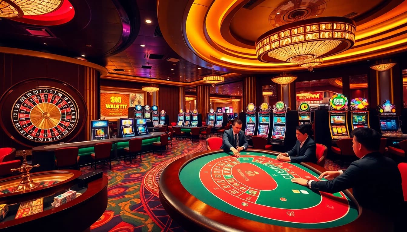 Hi88 casino scene featuring roulette, poker, and slot machines in a luxurious setting.