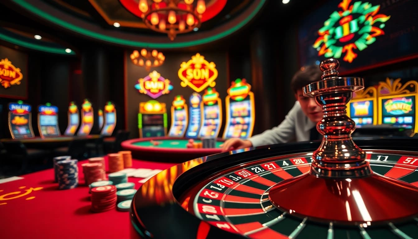 Experience the thrill of NK88 in a luxury casino setting with vibrant poker chips and spinning roulette wheel.