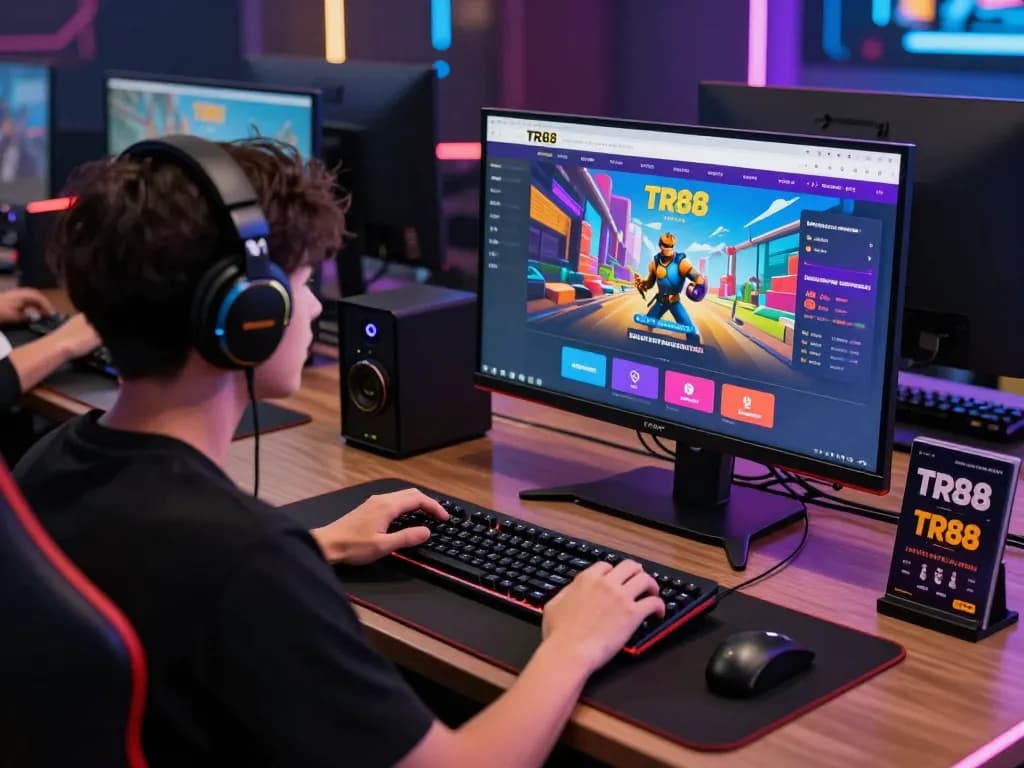 Gamer engaging with TR88 online betting platform, showcasing dynamic gaming setup and vibrant atmosphere.