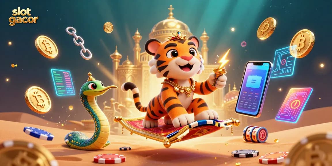 Spin the reels with slot gacor, featuring a vibrant 3D illustration of a sultan and casino elements.