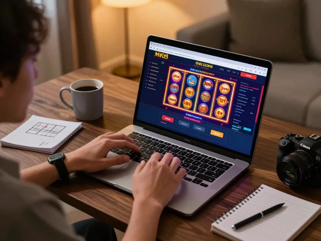 Player engages with MK8 online casino interface in a cozy gaming setup, excitement visible.