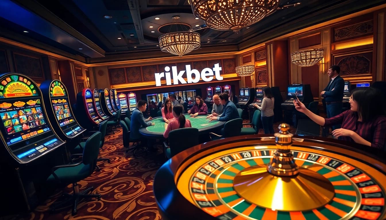 Experience the thrill of gambling at rikbet with players at a luxurious casino table.