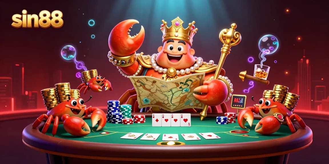 Experience the vibrant sin88 casino action showcased by a golden crab emperor and poker elements.