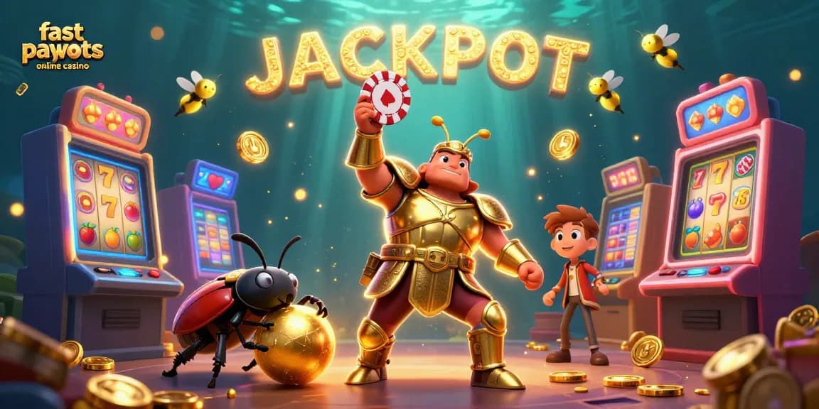 Engage in fast payouts online casino excitement with a victorious beetle hero amidst vibrant slots and winning symbols.