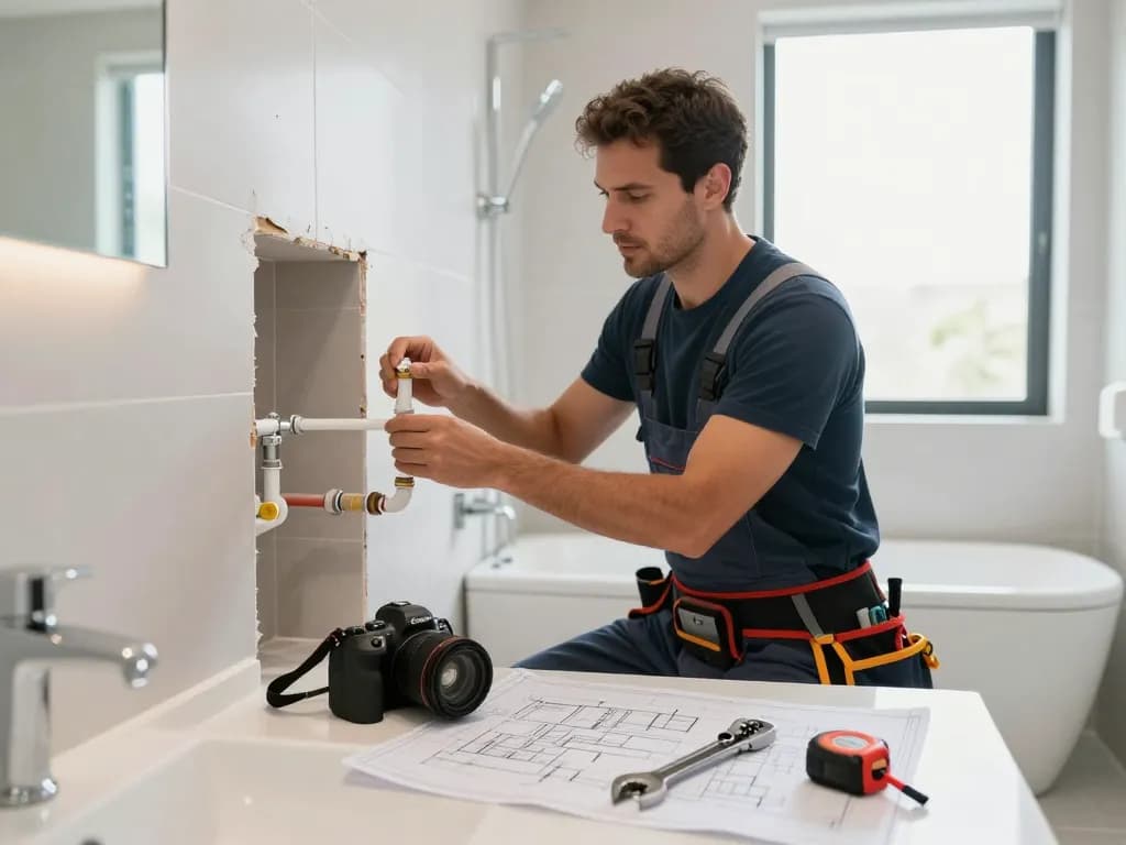 Professional plumber in São Paulo installing PEX pipes in a modern bathroom renovation.
