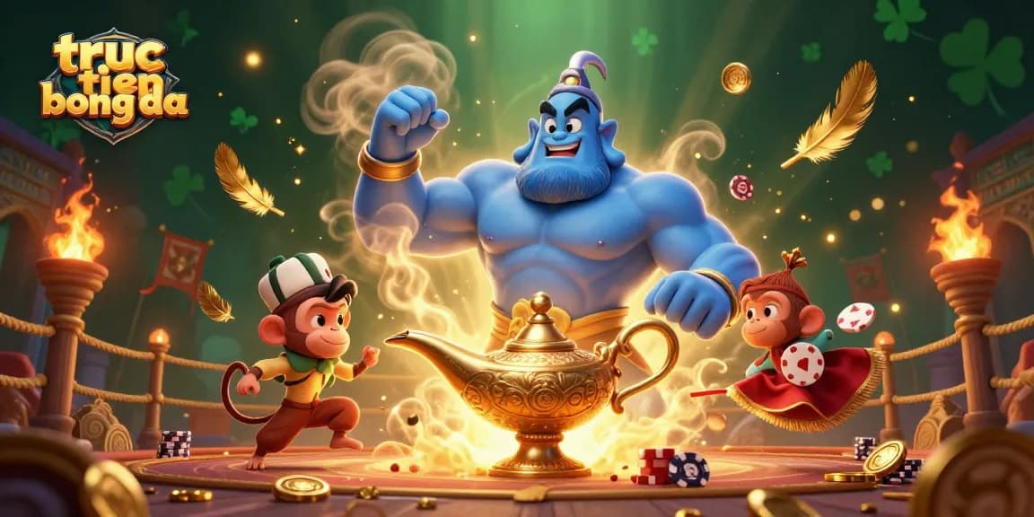 Experience the thrill of truc tiep bong da with a dynamic 3D illustration of a genie, monkey, and poker chips.