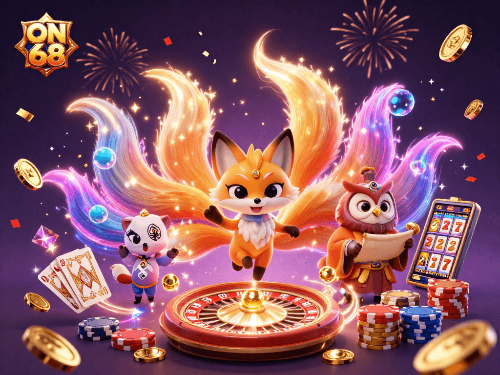 Experience gaming excitement at ON 68's casino with vibrant 3D illustration.