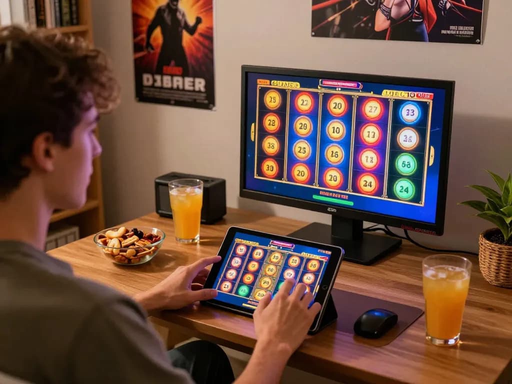 Jogador interagindo com os jogos de slot online da 887bet em um tablet em um ambiente aconchegante em casa.