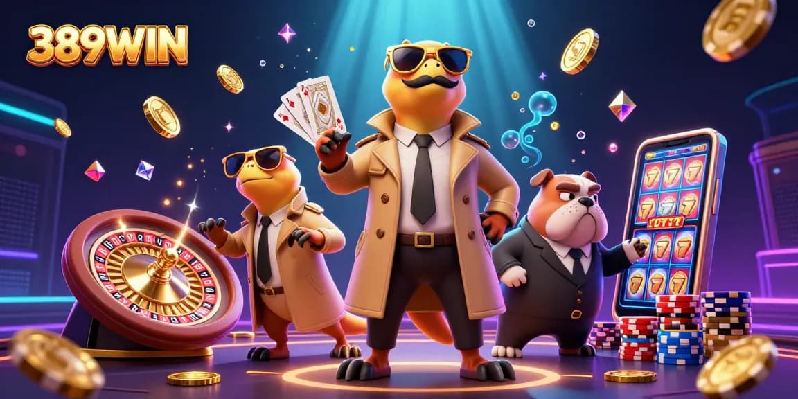 Engage with 389WIN's vibrant casino scene featuring raptors and a bulldog at the entrance.