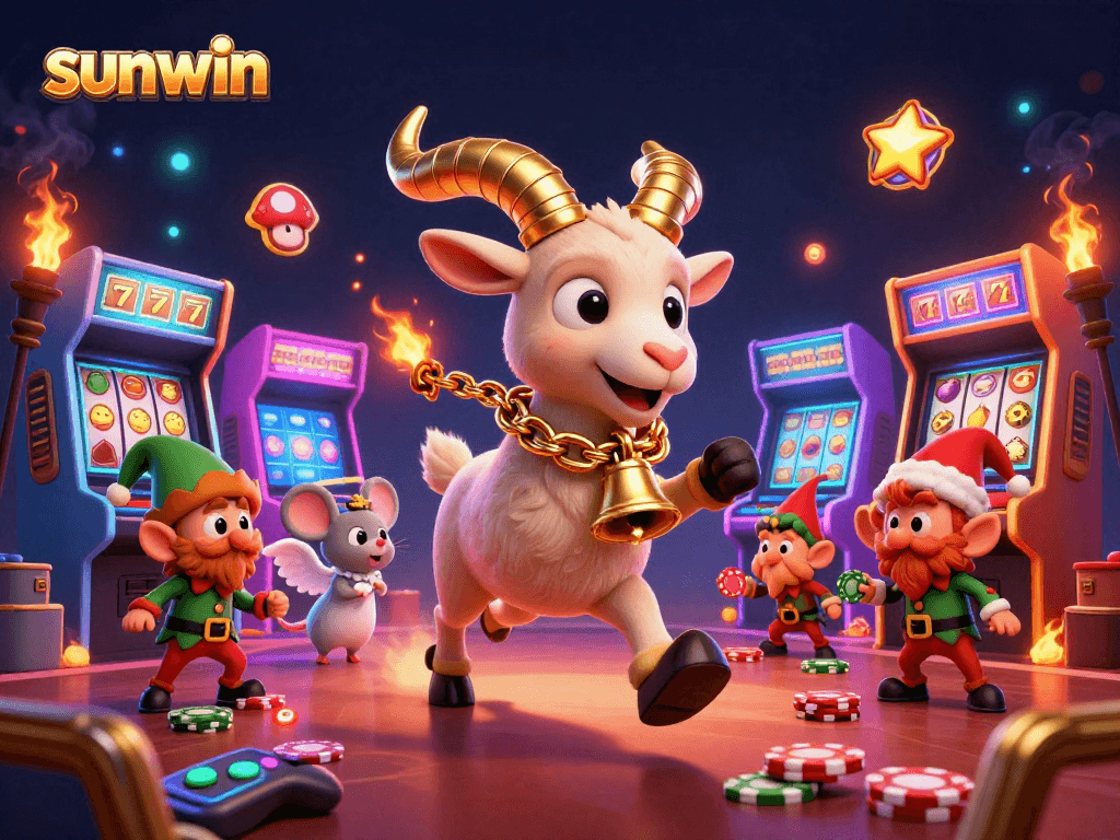 Experience thrilling gameplay at sunwin, featuring lively characters in a festive casino setting.