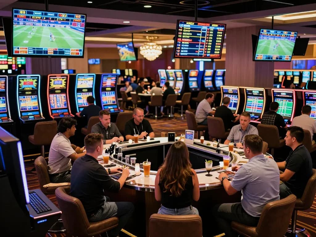 Soi kèo enthusiasts placing bets in an upscale sports betting area showcasing excitement and engagement.