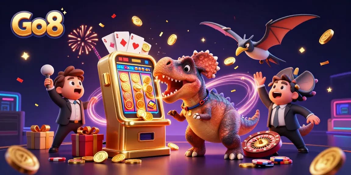 Go8 features a dinosaur-themed scene with a pachycephalosaurus and a golden slot machine experience.