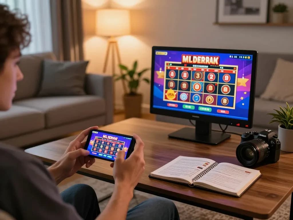 27G mobile gaming experience with a person engaged in online slots while relaxing at home in a cozy living room.