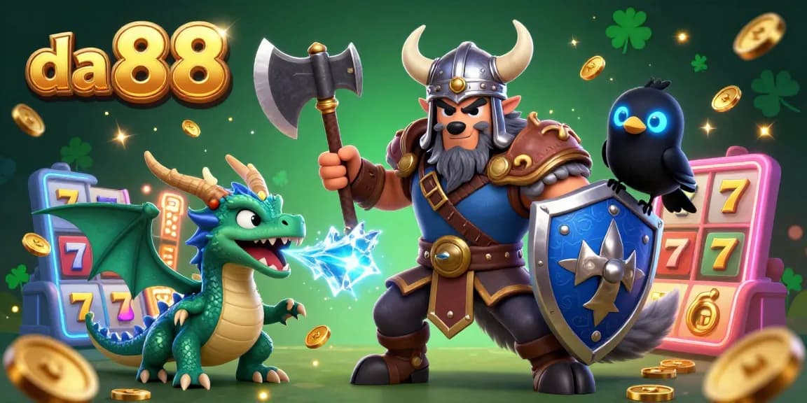 Experience winning spins in da 88 with a Viking warrior, dragon, and glowing coins in a vibrant casino scene.