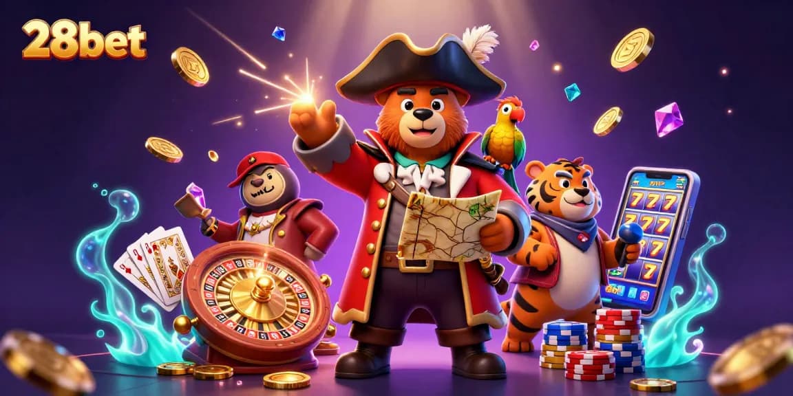 Bet big on 28bet with engaging casino elements in a vibrant, dynamic scene.