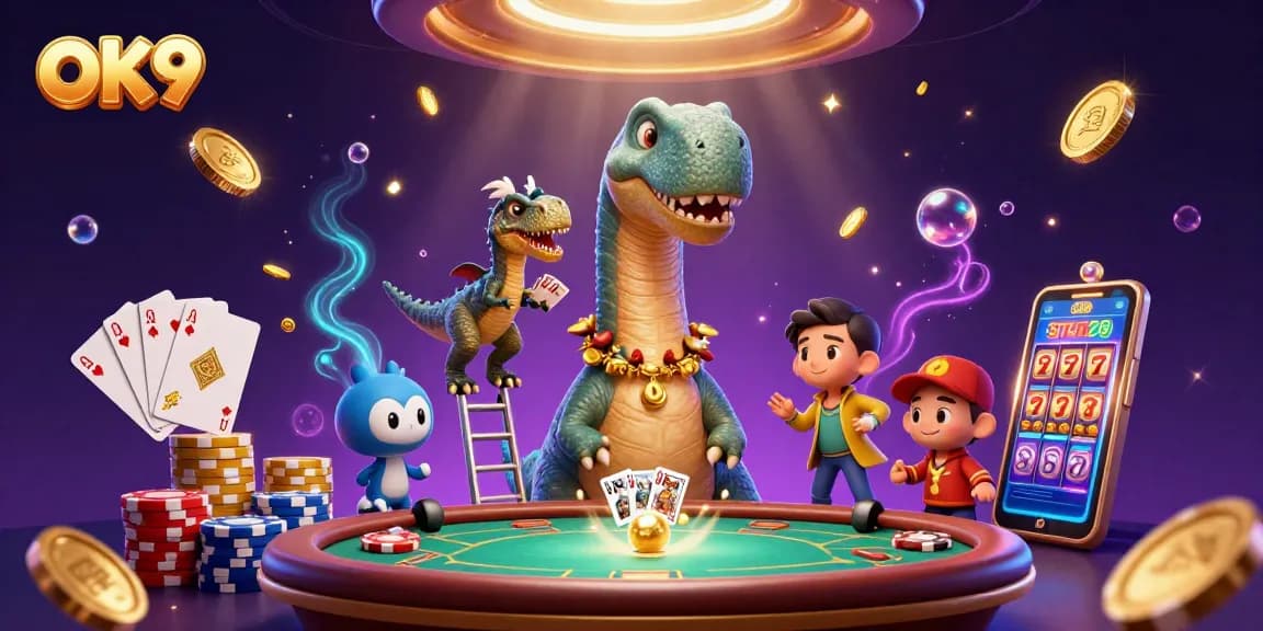 Engage with OK9's vibrant gambling scene featuring animated dinosaurs at a packed casino.
