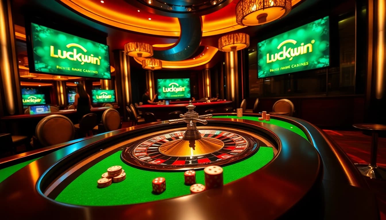 Experience the thrill of the Luckywin casino with vibrant games, poker chips, and a roulette wheel.