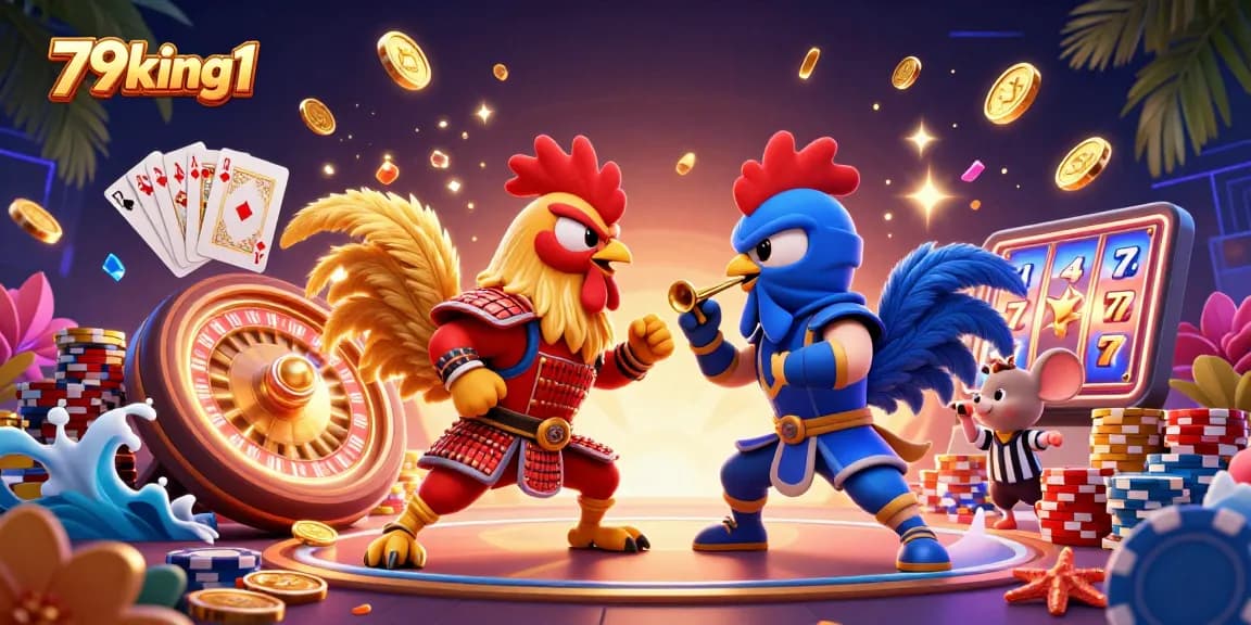 Experience the thrill with 79king1 in an epic rooster showdown amidst dazzling casino elements.