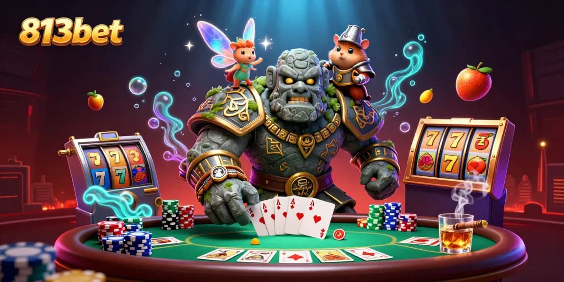 Jogue e vença no 813bet com uma ilustração mágica de golem, fadas e jogos de cartas.