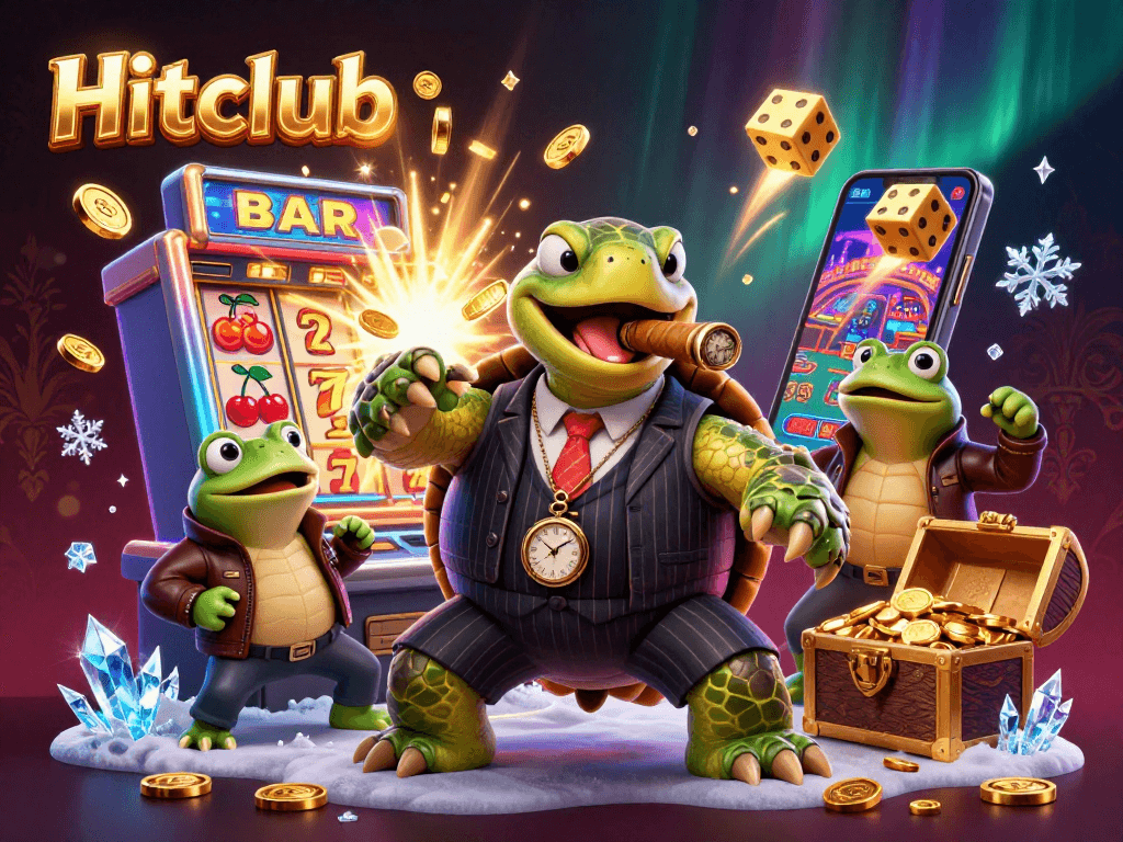 Hitclub featuring a massive snapping turtle and bullfrog enforcers amidst a thrilling slot machine jackpot scene.