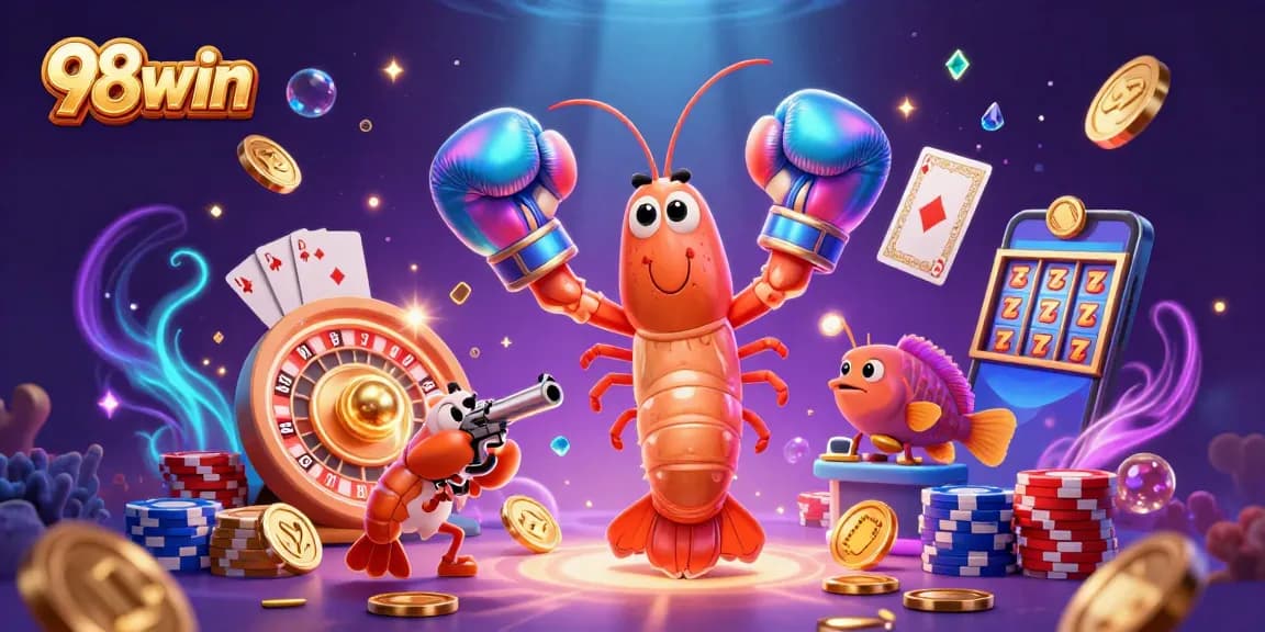 98win showcases a vibrant online casino scene with 3D characters and dynamic gambling elements.
