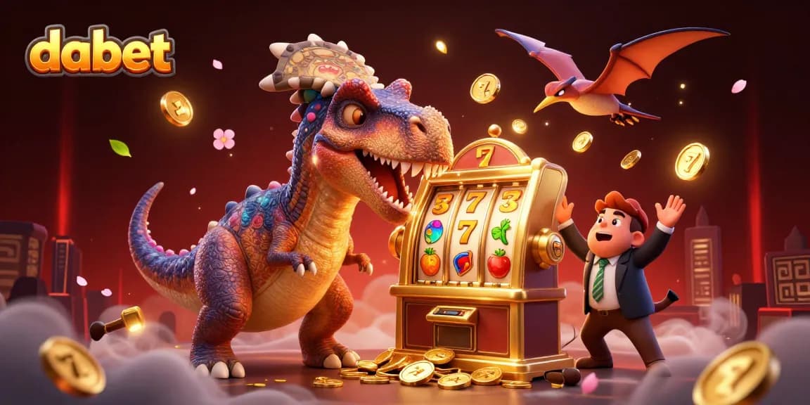 dabet showcases a dynamic casino scene featuring a pachycephalosaurus winning jackpots with a golden slot machine.