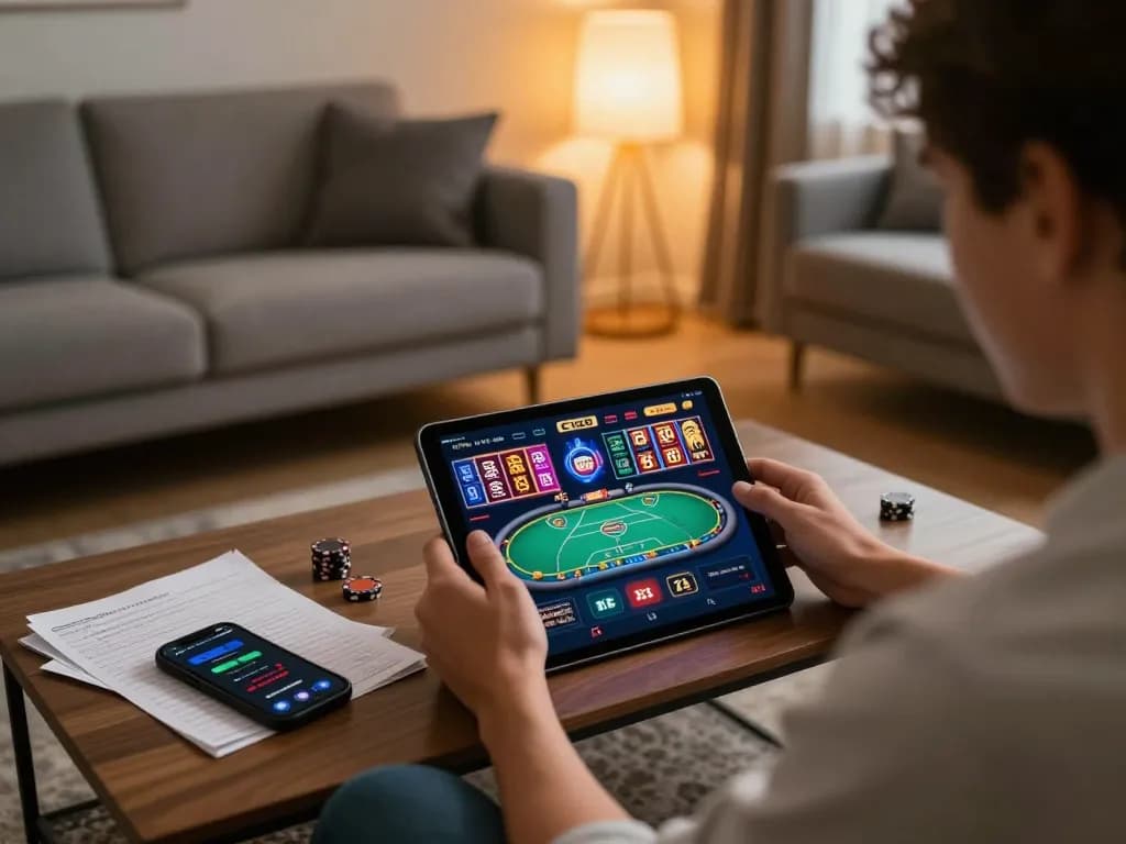 C168 online gaming action with a player focused on tablet in cozy living room, showing dynamic betting activities