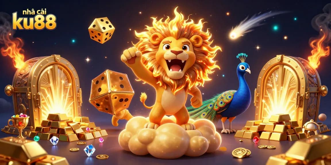 Experience gaming excitement with nhà cái ku88 in a dazzling 3D casino scene filled with treasures.