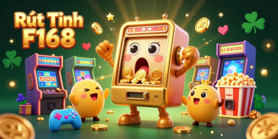 Experience the thrill of Rút Tiền F168 with golden slots celebrating a jackpot in a vibrant casino scene.