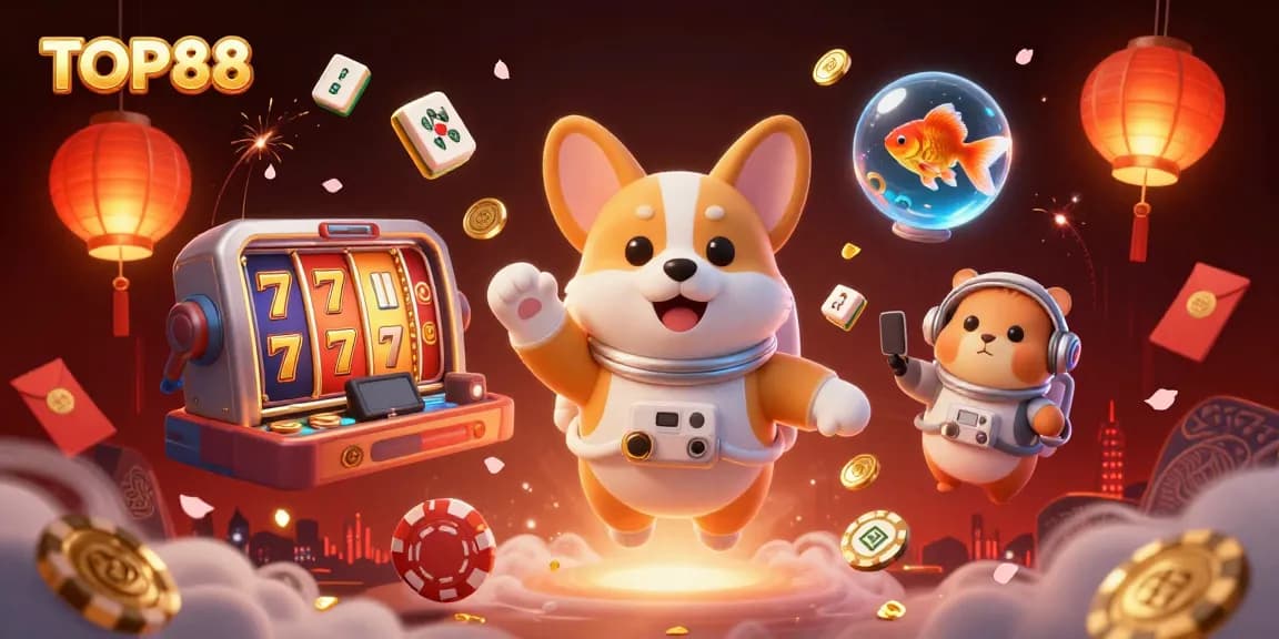 Experience the excitement of TOP88 with a 3D astronaut corgi floating in a vibrant casino setting filled with games.