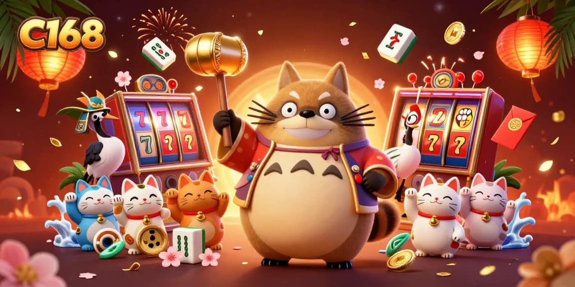 C168 engages players with a vibrant casino scene featuring cheerful tanuki and lucky symbols.