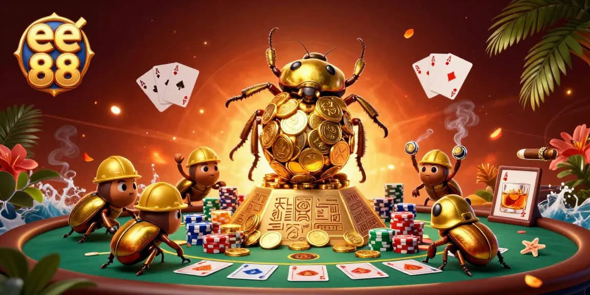Engage with the vibrant scene of ee 88, where a golden dung beetle rolls coins while powered-up poker elements surround.