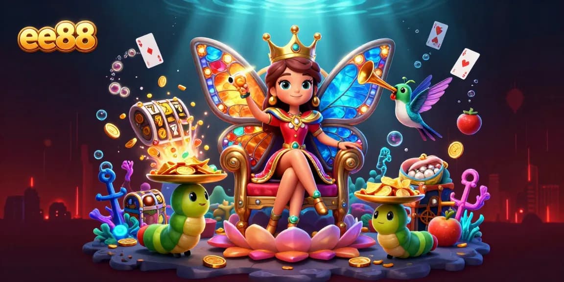 Witness the spectacular ee88 gaming scene filled with vibrant treasures and butterflies.