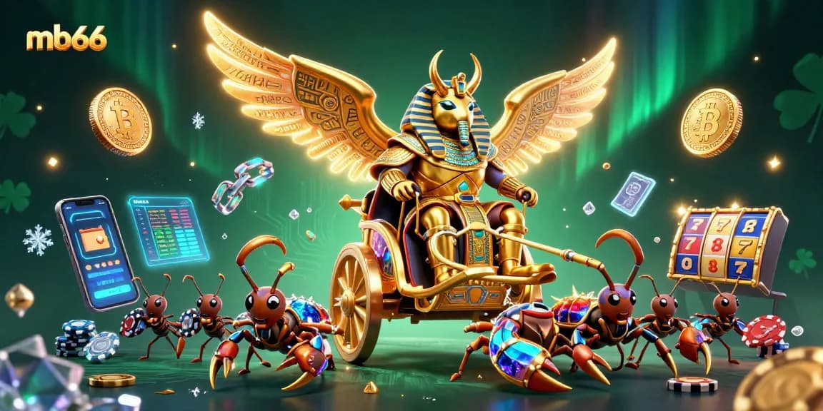 Engage in thrilling gameplay at mb66 with golden scarab beetle champions and neon crypto elements!