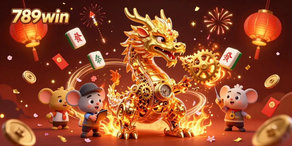 Experience the thrill of 789win with a golden dragon breathing gears in a vibrant casino scene.