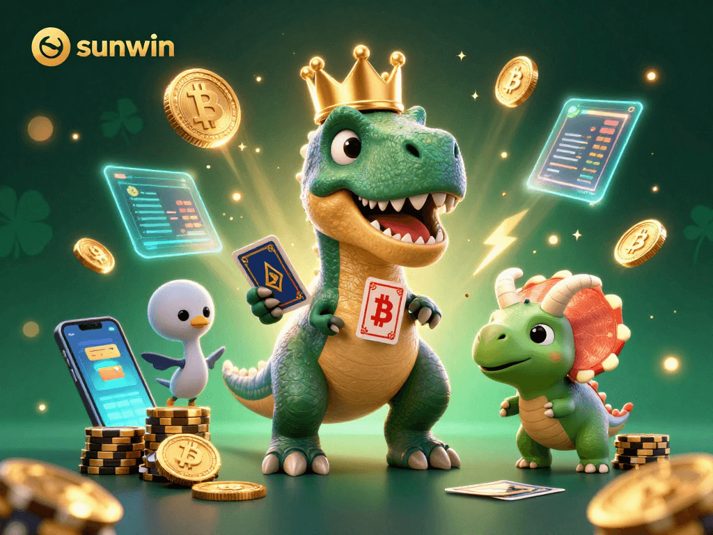 Experience thrilling sunwin gameplay with a T-Rex shuffling cards and characters stacking golden chips.
