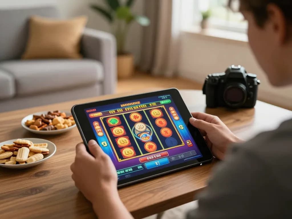 Engaged player enjoying 45678's online casino games on tablet in a cozy home setting