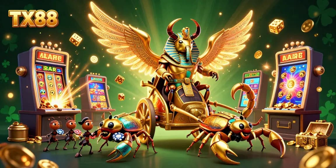 Experience the thrill of TX88 with a golden scarab and jackpot excitement in this engaging 3D illustration.