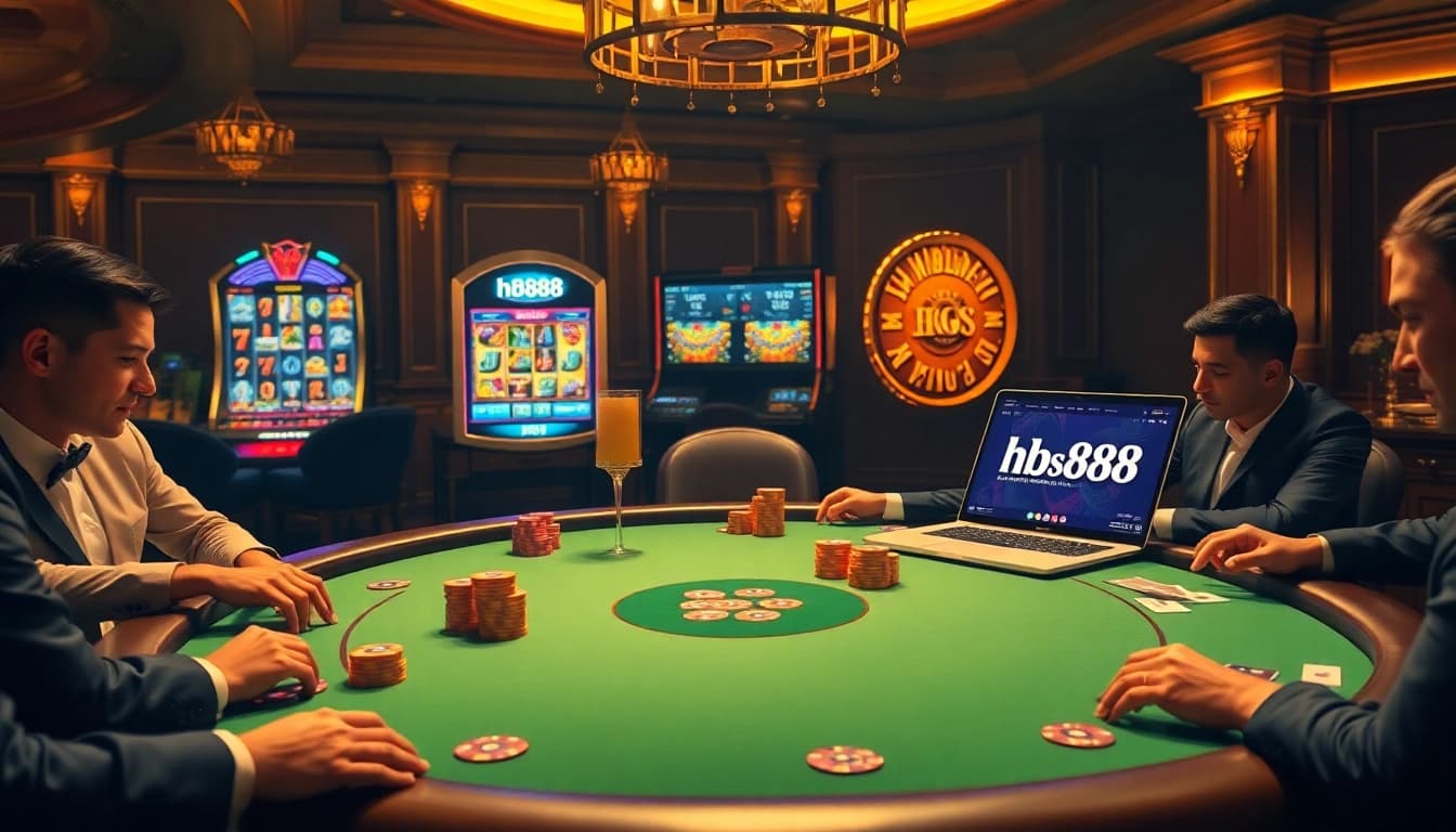 Experience the thrill of gambling at Hb888 with a luxurious casino setting featuring poker and slots.